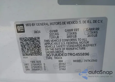 2024 GMC Sierra 1500 4Wd Short Box Slt z USA, uszkodzony, nr VIN 3GTUUDED7RG455896